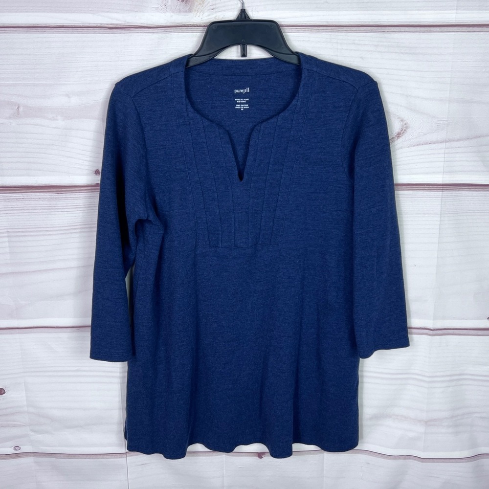 J Jill Top Women XS Blue Pure Jill Tunic T-Shirt Slub Cotton Bib 3/4 Sleeve Knit